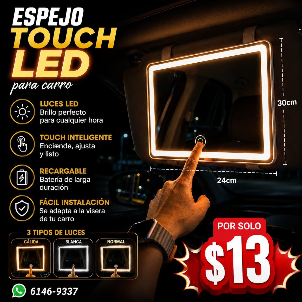 Espejo Touch LED recargable para carro